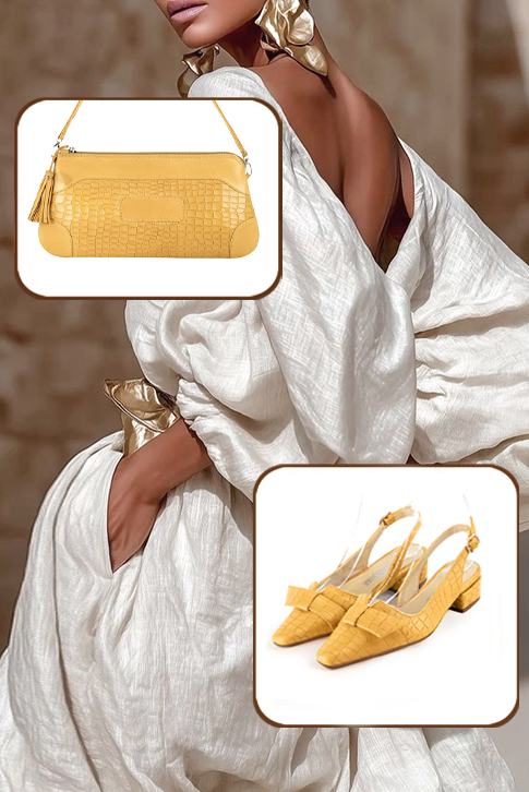Dress slingback heels in mustard yellow leather with low block heels and tapered toe - Worn view